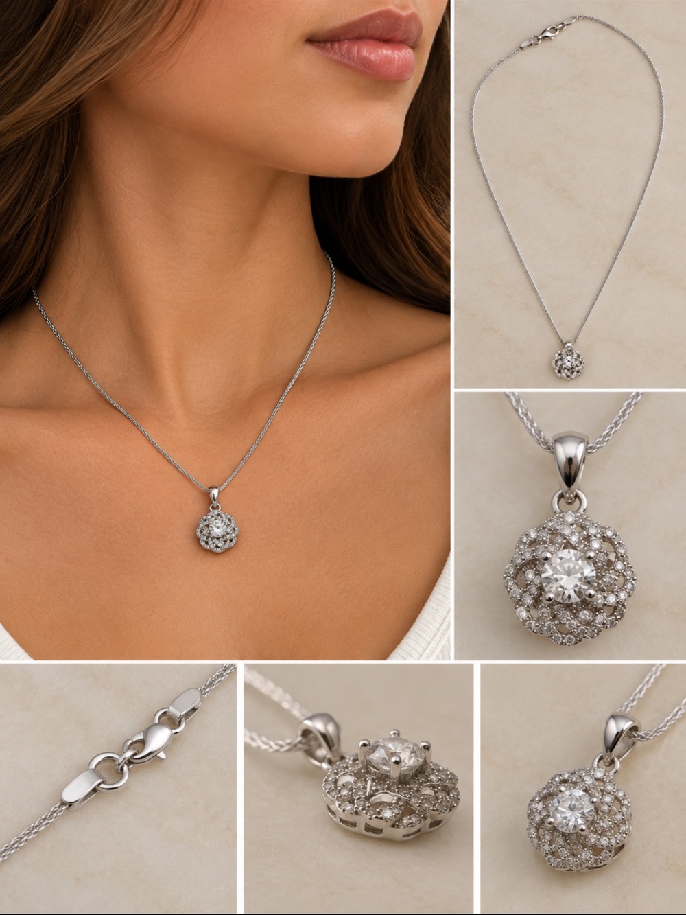 #208 Sterling Silver Moissanite Halo Pendant Necklace